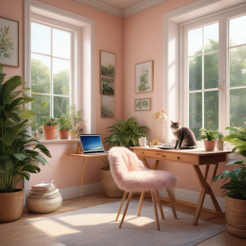 A serene digital workspace adorned with soft pastels and lush greenery, featuring a cozy chair and a small table with a glowing laptop. Warm sunlight streams through a large window, creating an inviting atmosphere. Elements like motivational quotes and calming art hang on the walls, enhancing the sense of joy and tranquility. Include subtle details like a steaming cup of tea and a playful cat lounging nearby. super-realistic. vibrant colors. soft lighting.
