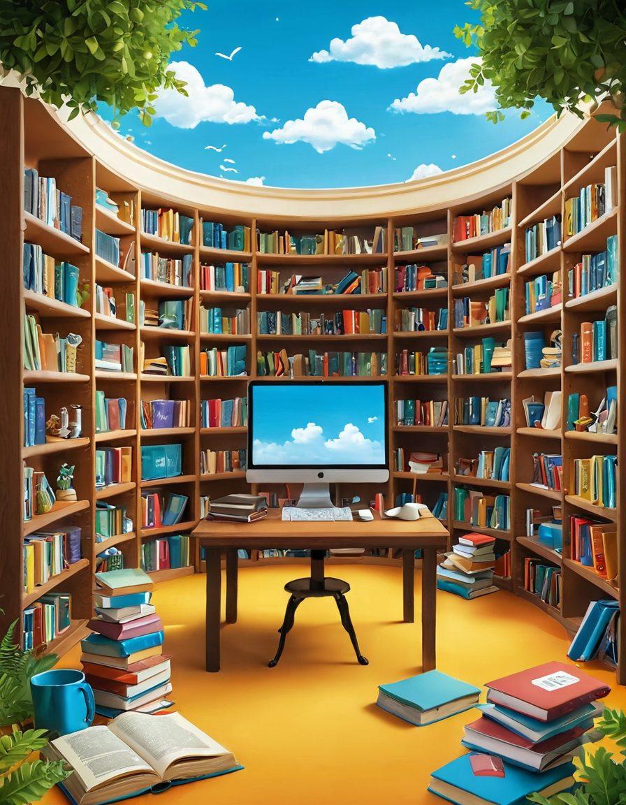 A colorful and inviting digital library filled with diverse resources such as books, laptops, and inspirational quotes, radiating happiness and positivity. Include happy people engaging with the materials, symbolizing ultimate joyful experiences. The background should showcase a sunny, serene environment with greenery and bright skies. playful and vibrant cartoon style. colorful elements that inspire happiness.