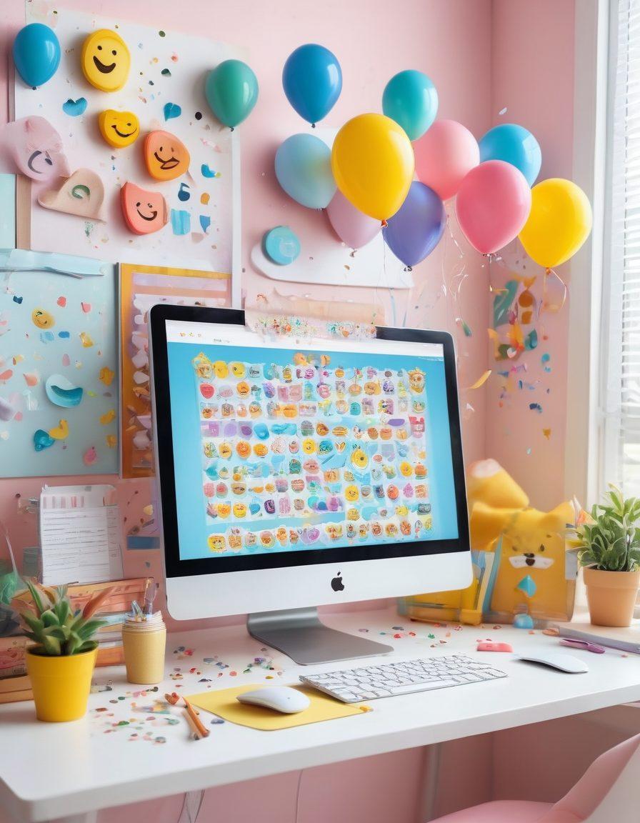 A colorful, cheerful workspace filled with elements that represent happy and joyful online experiences: vibrant smiling emojis, bright digital devices displaying uplifting content, and whimsical decorations like balloons and confetti. The background should feature a sunny, inviting atmosphere with soft pastel colors that inspire creativity and positivity. cartoon style. vibrant colors. playful design.